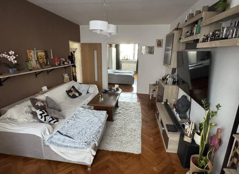 Obývací pokoj s pohovkou, stolem a podlahou s dřevěným dekorem ve 3pokojovém bytě.