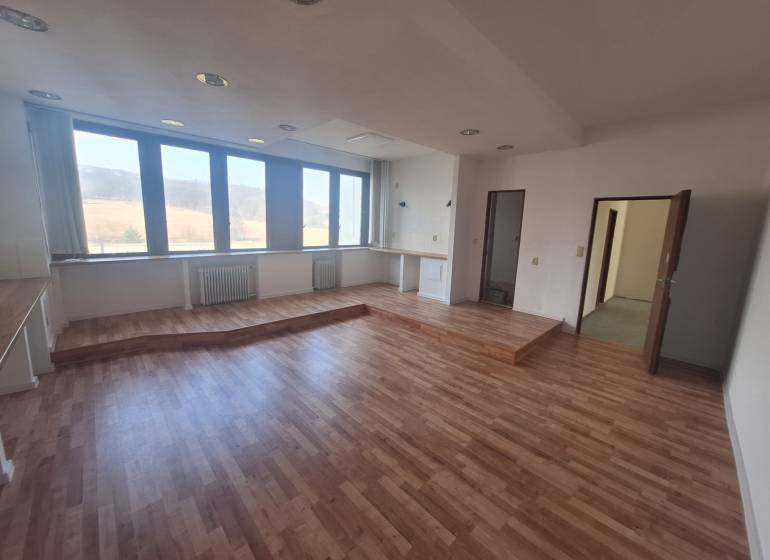 Interiér Obchodní prostory s velkými okny, podlaha s dřevěným dekorem, prázdná místnost.