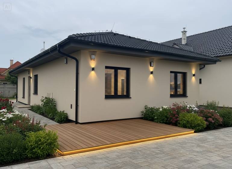 Rodinný dům ve Veselém na ulici Veselé s podlahou s dřevěným dekorem a květinovými záhony.