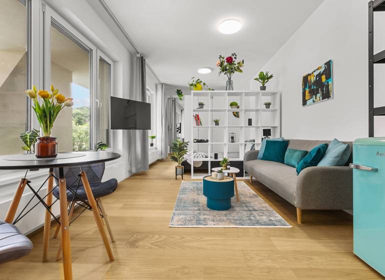 Světlý 1-pokojový byt s podlahou s dřevěným dekorem, pohovkou a jídelním koutem.