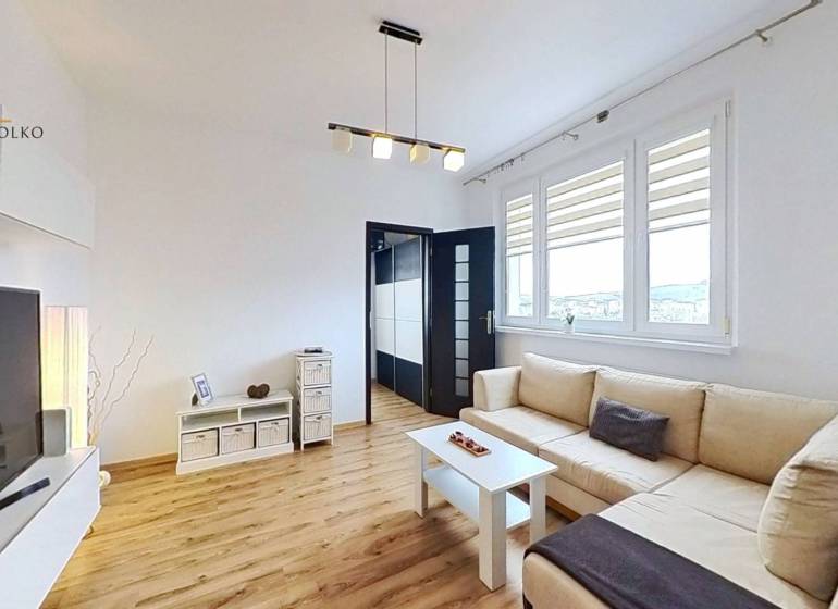 Obývací pokoj v 3-pokojovém bytě s podlahou s dřevěným dekorem a pohodlnou šedou sedačkou.