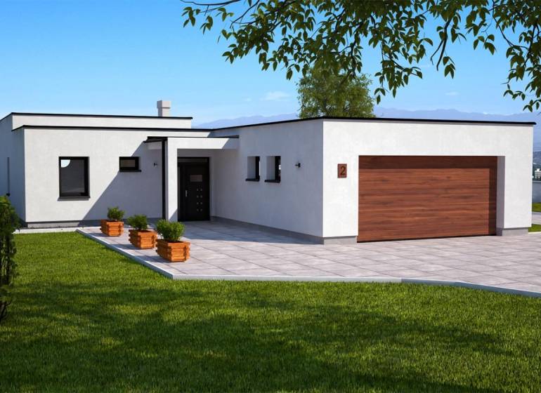 Rodinný dům v Dolní Seči s bílou fasádou, velkou terasou a zeleným trávníkem.