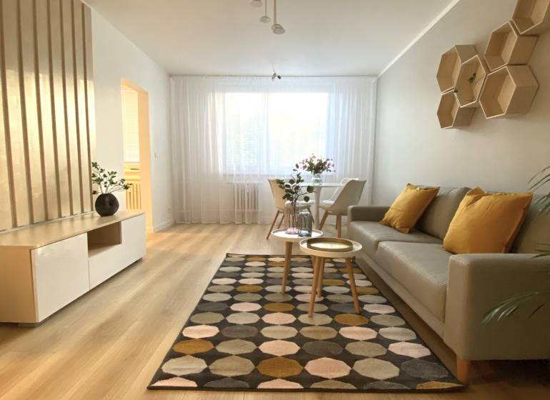 Obývací pokoj v 2-pokojovém bytě s podlahou s dřevěným dekorem a vzorovaným kobercem.