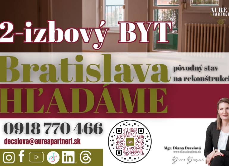 Hledání 2-pokojového bytu v Bratislavě na rekonstrukci, kontakt a QR kód.
