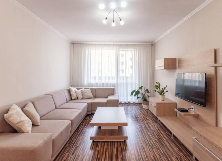 Obývací pokoj s pohovkou, podlahou s dřevěným dekorem a dekoracemi v 3-pokojovém bytě.