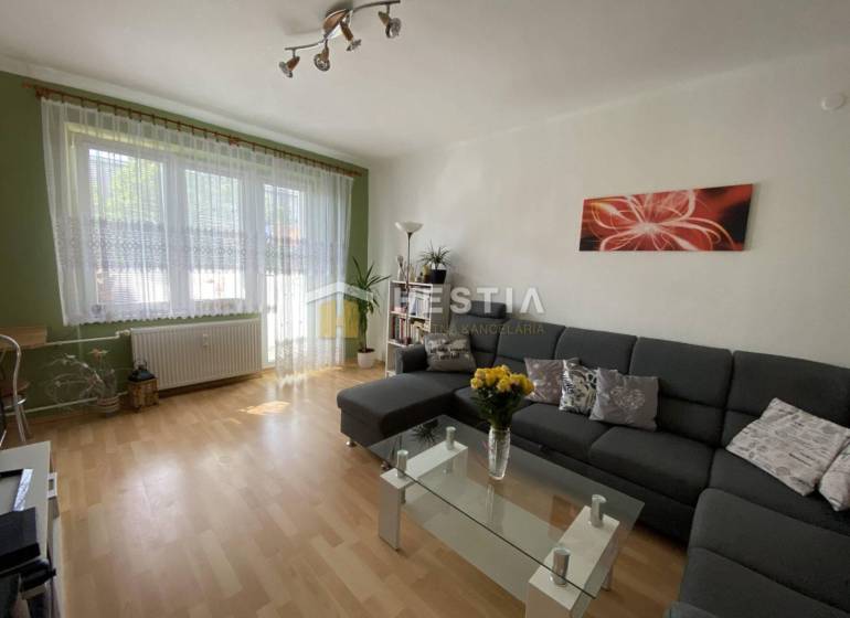 Obývací pokoj s pohodlnou sedačkou, skleněným stolkem a podlahou s dřevěným dekorem v 2-pokojovém bytě.