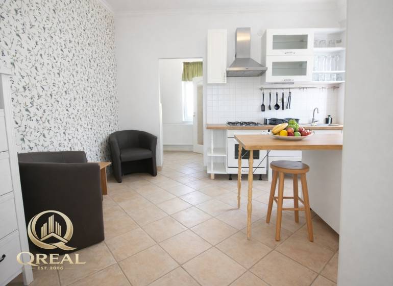 Kuchyně s barovým pultem, ovocem a křesly v 1-pokojovém bytě.