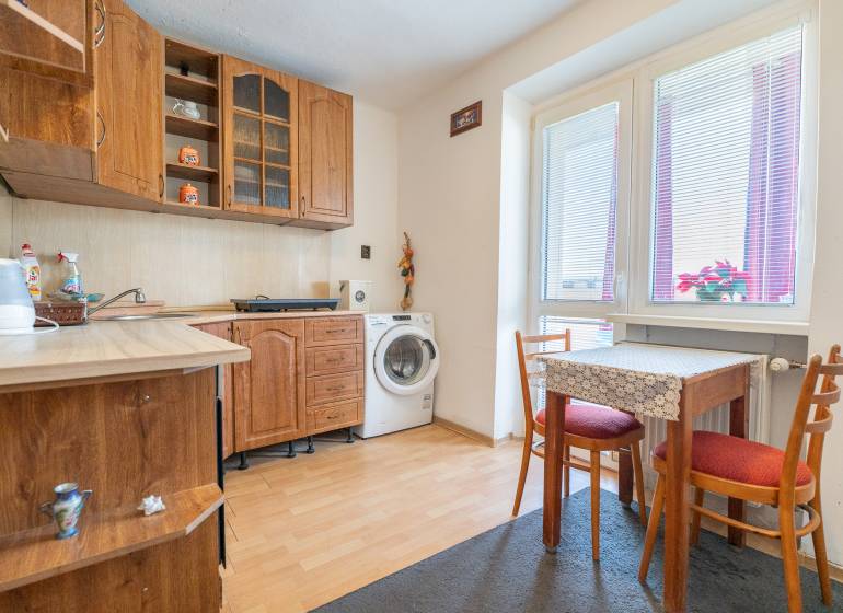 Kuchyně v 1-pokojovém bytě s dřevěným dekorem a pračkou.