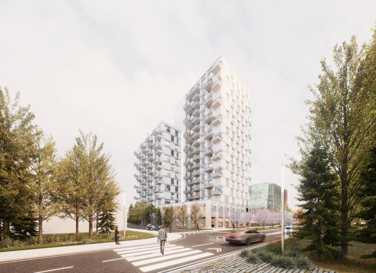 Výškové budovy s balkóny a cestou v Bratislavě - Ružinov na Mlynských nivách.