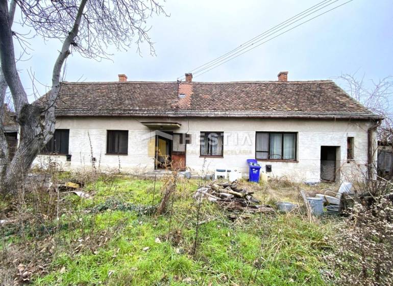 Starý rodinný dům očekává rekonstrukci, na zahradě je divoká vegetace a nepořádek.