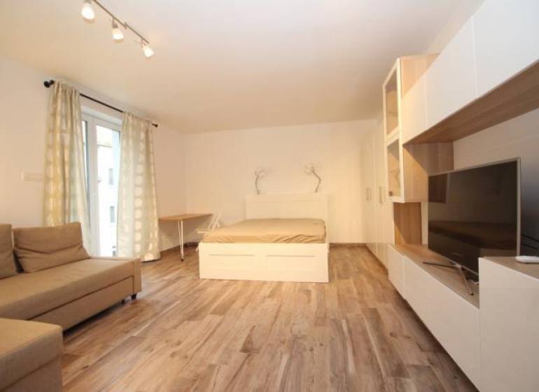 Obývací zóna v 1-pokojovém bytě s postelí a podlahou s dřevěným dekorem.