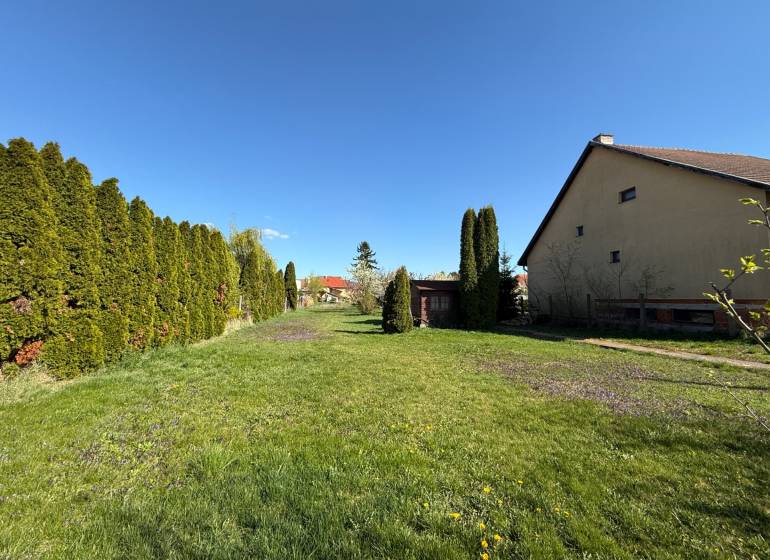 Travnaté pozemky na bydlení ve Dvoranech nad Nitrou, lemované jehličnany a domem.