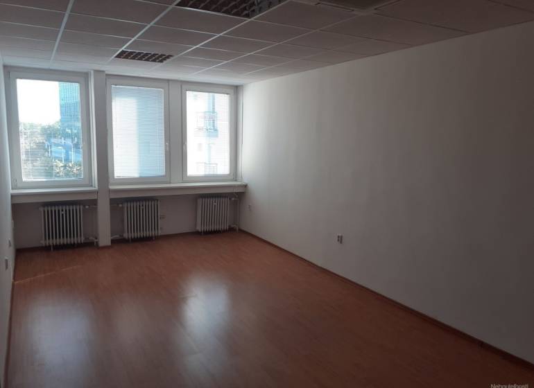 Prázdný kancelářský prostor s podlahou s dřevěným dekorem a velkými okny.