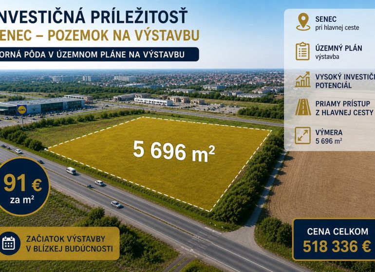 Pozemek na bydlení v Senci s výměrou 5 696 m², vhodný pro výstavbu.