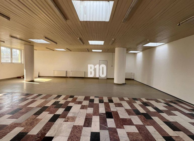 Obchodní prostory s dlažbou a světlíky, neutrální stěny, sloupy a velká okna.