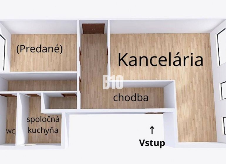Půdorys kanceláře s chodbou, kuchyní, WC a podlahou s dřevěným dekorem.