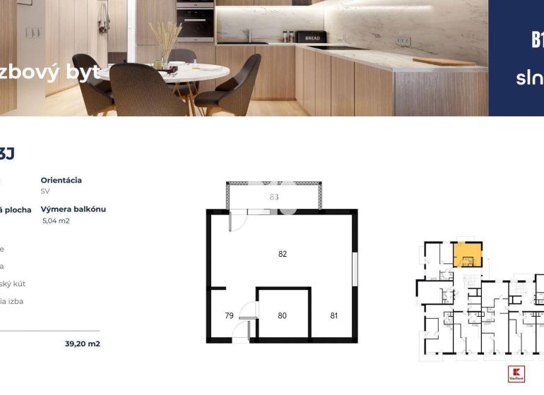 1+kk byt s koupelnou, kuchyňským koutem, obývacím pokojem a balkonem, celková plocha 39,20 m².