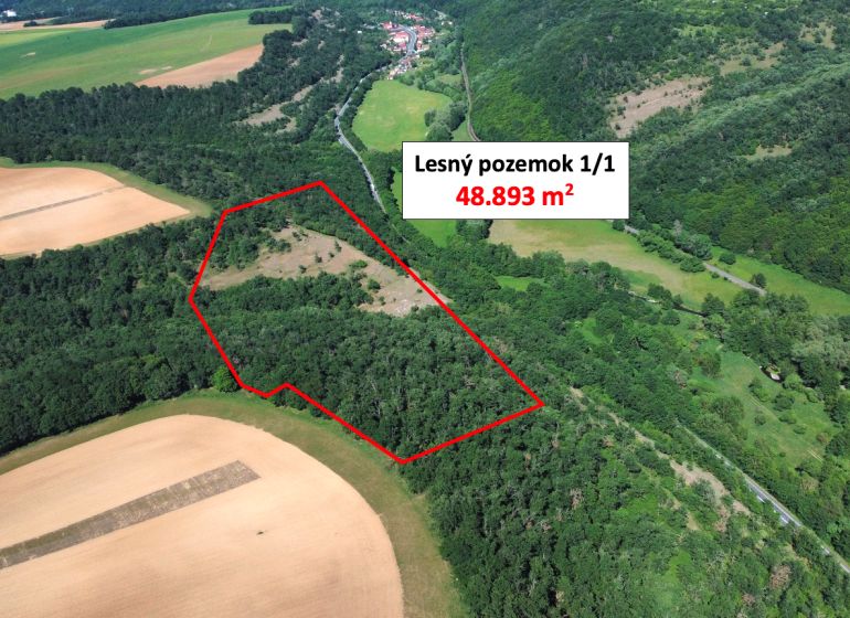 Letecký pohled na lesní pozemek v Domaníkách s rozlohou 48.893 m².