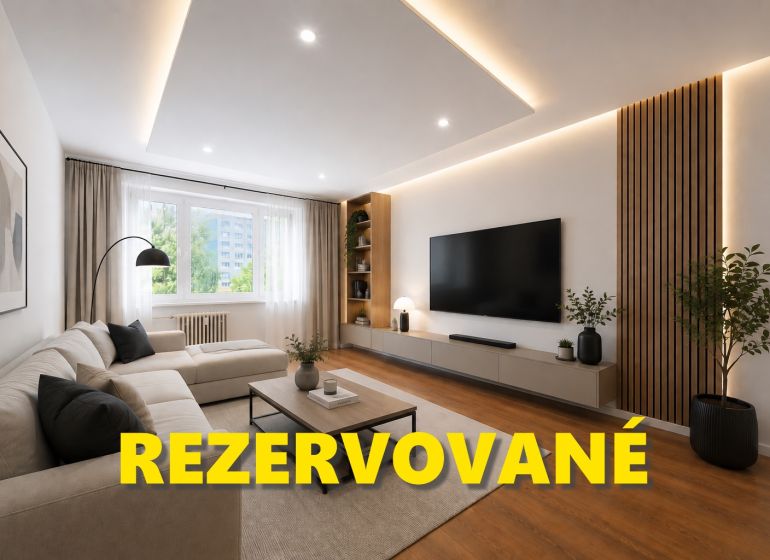 Obývací pokoj v 3-pokojovém bytě se stylovou sedačkou a podlahou s dřevěným dekorem.