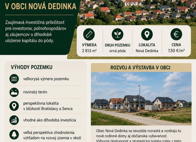 Nabídka investičního zemědělského pozemku v Nové Dedince s perspektivou zhodnocení.