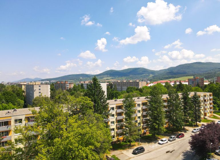 Pohled na obytné budovy obklopené zelení na Trenčianské ulici v Nové Dubnici.