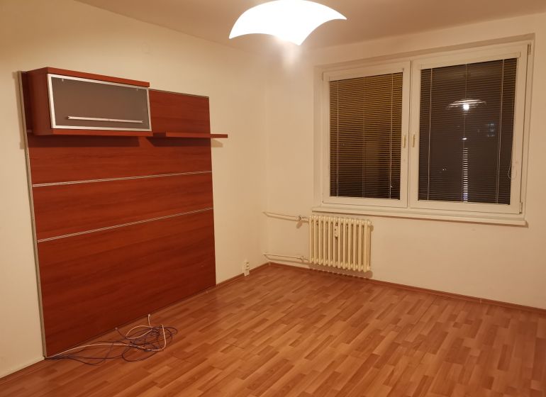 Pokoj s podlahou s dřevěným dekorem, bílými stěnami a nástěnnou skříní ve 3-pokojovém bytě.