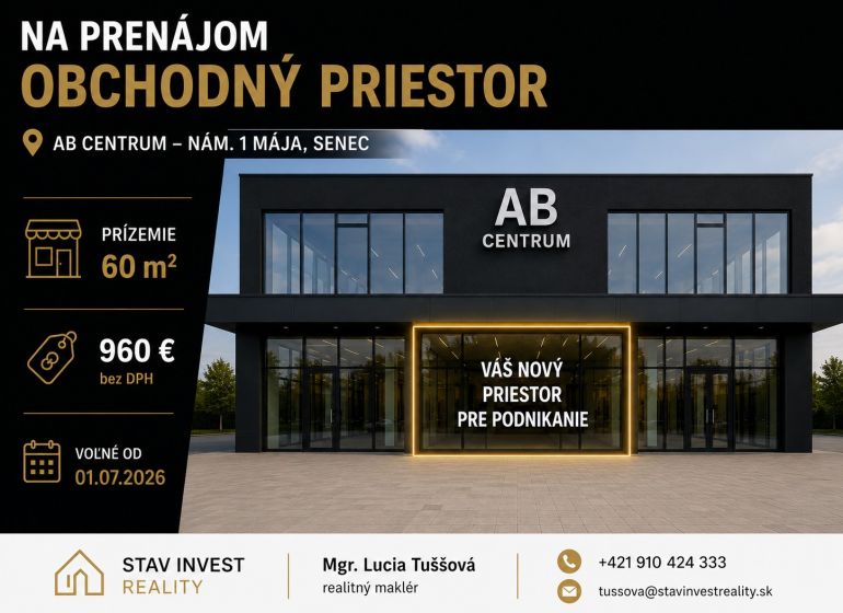 Obchodní prostory k pronájmu v AB Centrum, nám. 1. máje, Senec, s výměrou 60 m².