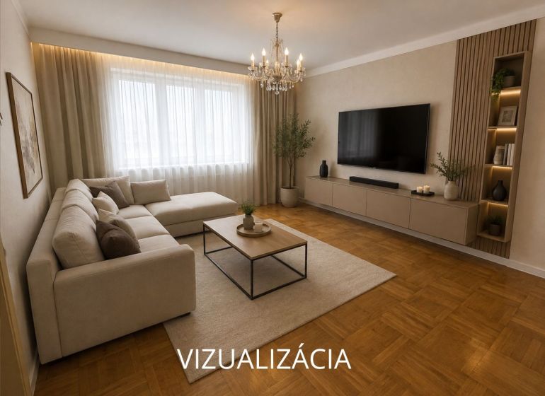 Obývací pokoj s rohovou sedačkou, TV a podlahou s dřevěným dekorem ve 2pokojovém bytě.