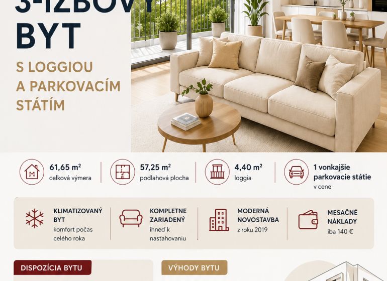 Nabídka 3-pokojového bytu v Malackách s lodžií a parkováním, celková plocha 61,65 m².
