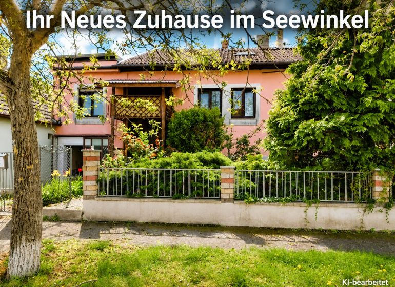 Rodinný dům v Illmitzi s růžovou fasádou a zelenou předzahrádkou plnou rostlin.