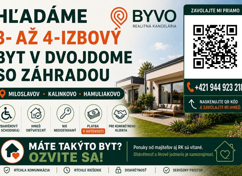 Realitní kancelář hledá 3- až 4-pokojový byt v dvojdomě se zahradou v Miloslavově.