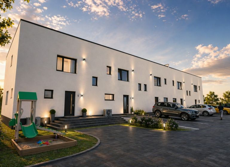 Rodinný dům na ulici Nová Polhora ve městě Nová Polhora s parkovištěm a dětským hřištěm.