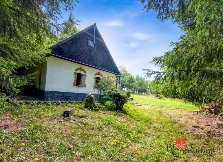 Chata v Píle obklopená zelení a jehličnatými stromy, ideální na relaxaci.
