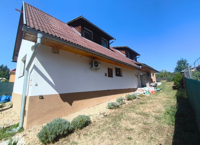 Rodinný dům v Divíně s hnědou střechou a zahradou lemovaný trávníkem a keři.