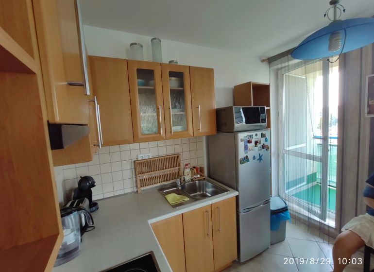 Kuchyně s dřevěnými skříňkami, mikrovlnkou a lednicí v 2-pokojovém bytě.
