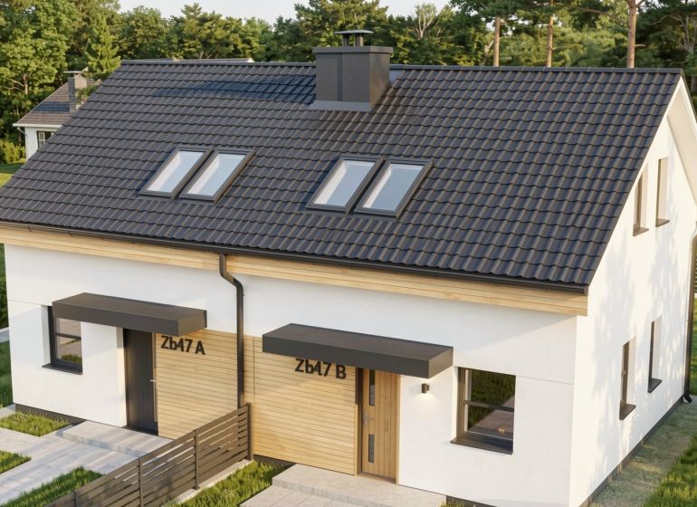 Rodinný dům v Sasinkově na ulici Sasinkovo s tmavou střechou a dřevěnými detaily.