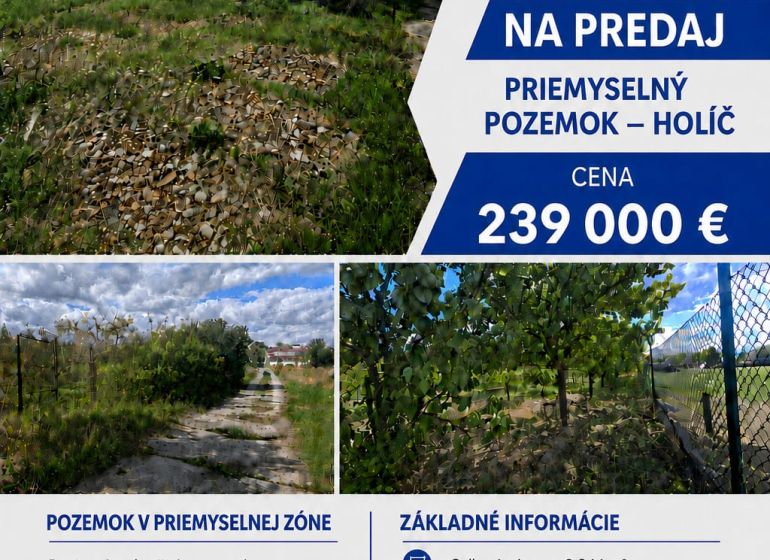 Průmyslový pozemek v Holíči s budovou, oplocením a přístupovou cestou.