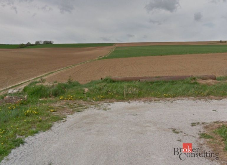 Krajina u Lužánek vhodná pro pozemky - bydlení, s polem a loukou v pozadí.