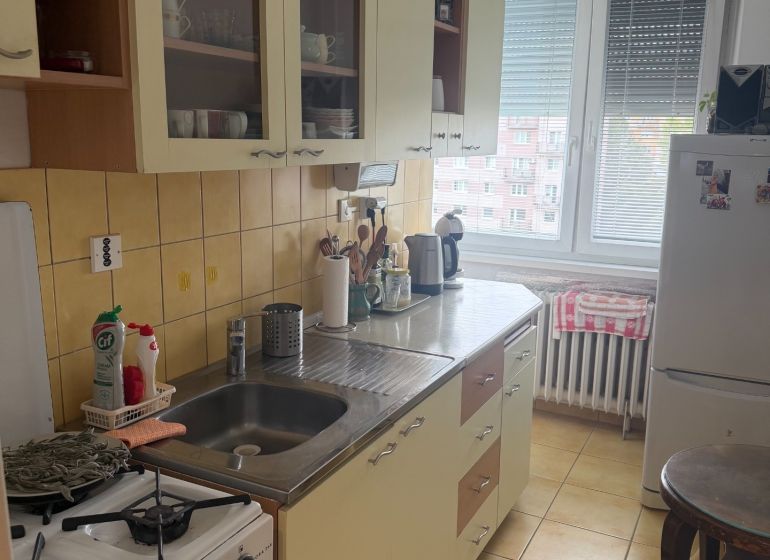 Kuchyně v 2pokojovém bytě s kuchyňskou linkou a spotřebiči.