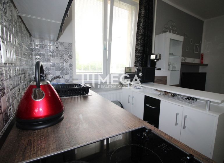 Kuchyňská linka s dekoračními obklady a spotřebiči v Rekreačním apartmánu.