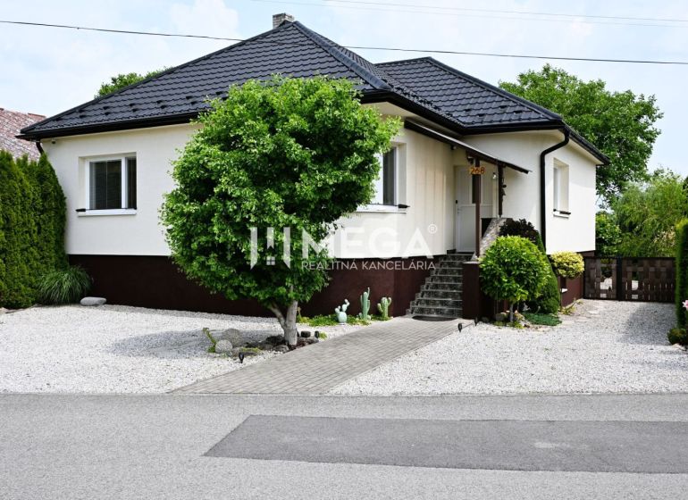Rodinný dům v Udavském s upravenou zahradou, s chodníkem a okrasnými keři.