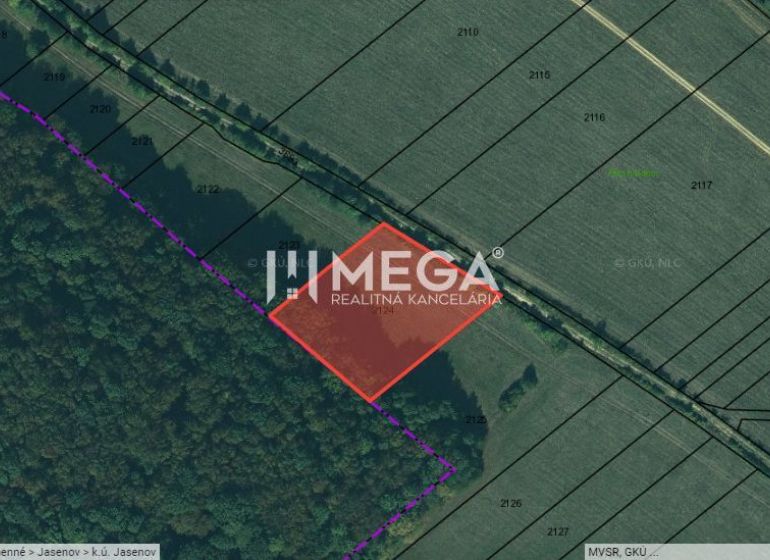 Letecká mapa v Jasenově na Jasenov ulici, znázorňující pozemky a zvláštní nemovitosti.