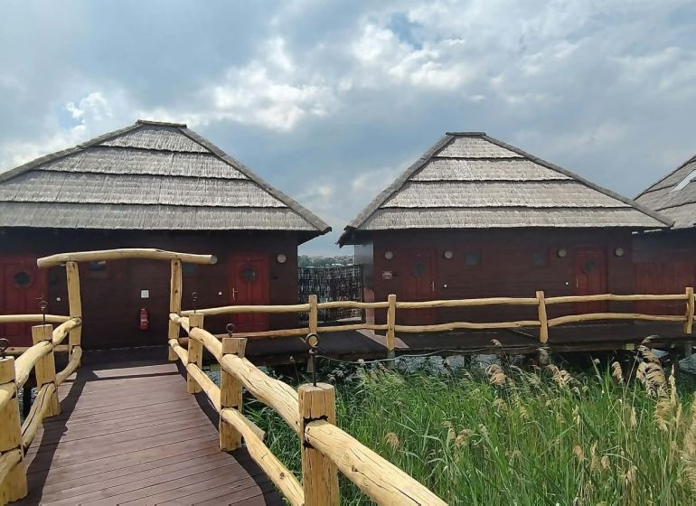 Dřevěné chaty nad vodní hladinou s doškovými střechami u seneckých jezer.