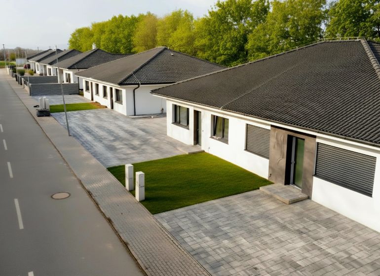 Řadový rodinný dům v Hôrce nad Váhom s dlážděnou příjezdovou cestou a udržovaným trávníkem.