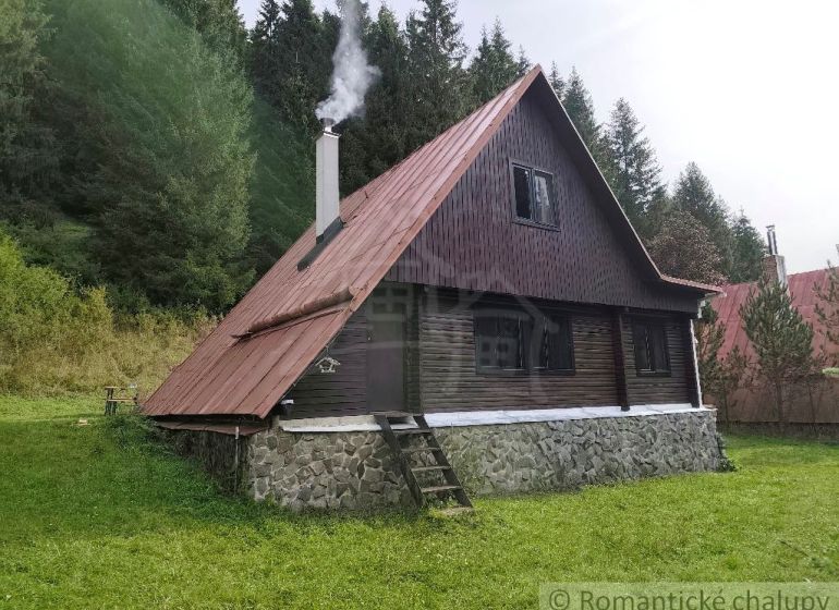 Chata v Rajecké Lesné obklopená lesem s kouřem z komína.