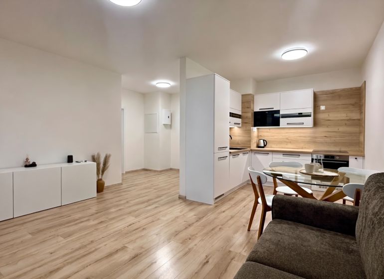 Obývací pokoj v 2pokojovém bytě s kuchyní, podlaha s dřevěným dekorem, světlé stěny.