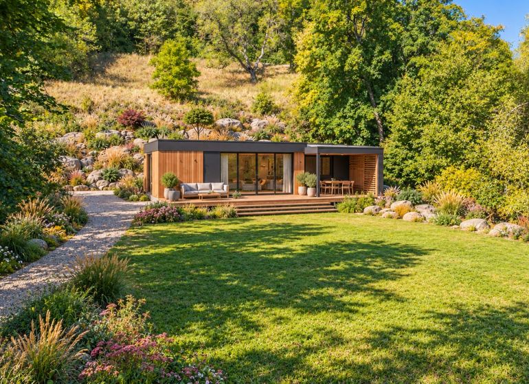 Moderní zahradní domek obklopený zelení v Štiavnických Baniach, ideální pro rekreační pozemky.