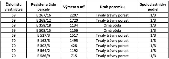 Tabulka s parcelami v Ižkovcích, uvádí výměry zemědělských a lesních pozemků a spoluvlastnické podíly.