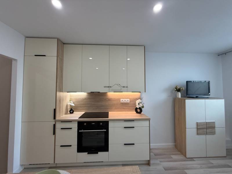 Kuchyňská linka v 1-pokojovém bytě s moderními spotřebiči a elegantním úložným prostorem.