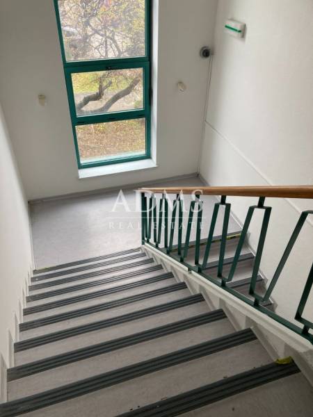 Schodiště v kancelářích s oknem a zábradlím, výhled na venkovní přírodu.